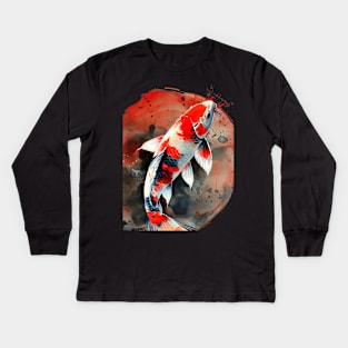 Koi Pond: Showa Sanshoku Koi captivating in their endless variety on a dark (Knocked Out) background Kids Long Sleeve T-Shirt